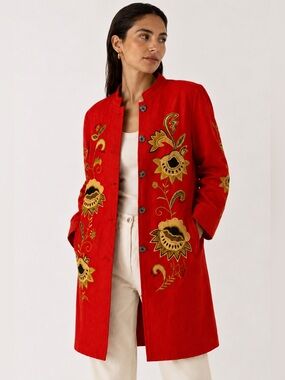 Indigo Moon red embroidered coat- floral. Gold detail, black/white button- L